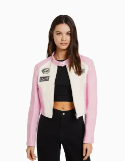 BERSHKA Blouson racing cropped similicuir Rose Online