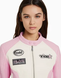BERSHKA Blouson racing cropped similicuir Rose Online