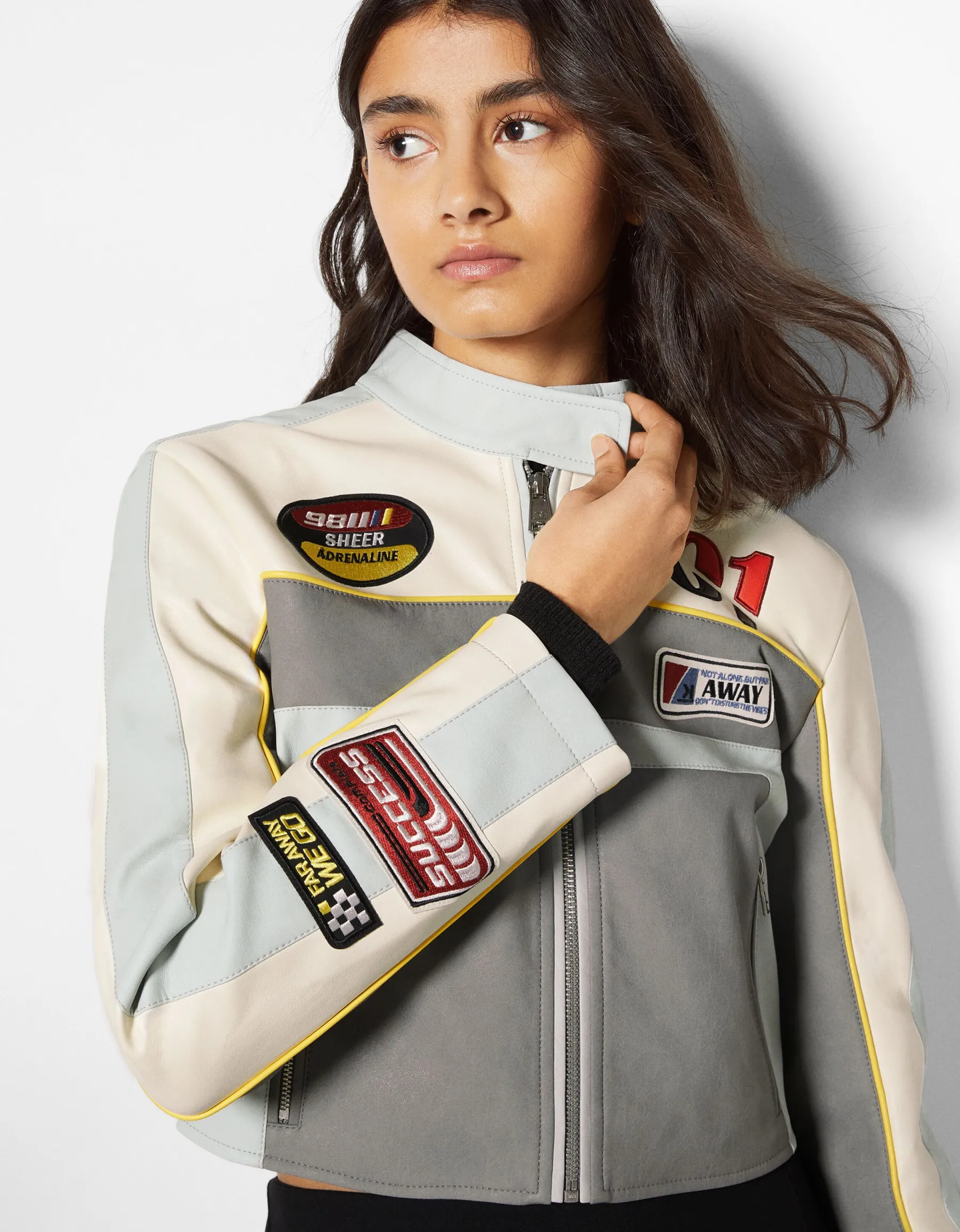 BERSHKA Blouson racing similicuir Bleu Fashion