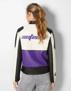 BERSHKA Blouson racing similicuir Violet Sale