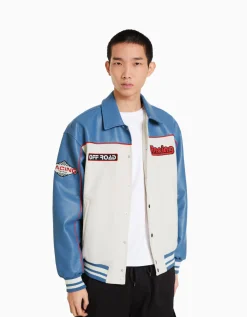 BERSHKA Blouson racing suédine et similicuir Bleu Cheap
