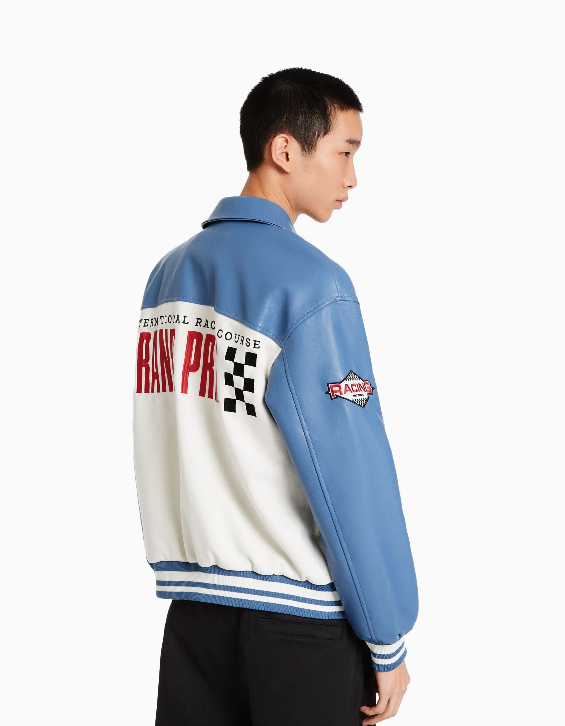 BERSHKA Blouson racing suédine et similicuir Bleu Cheap