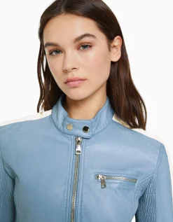 BERSHKA Blouson similicuir effet usé bande latérale Bleu clair Best Sale