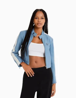 BERSHKA Blouson similicuir effet usé bande latérale Bleu clair Hot