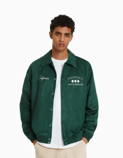 BERSHKA Blouson suédine brodé Vert Best
