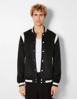 BERSHKA Blouson suédine et similicuir Écru Clearance