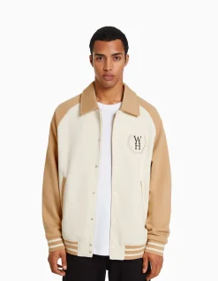 BERSHKA Blouson tissu contraste Camel Store