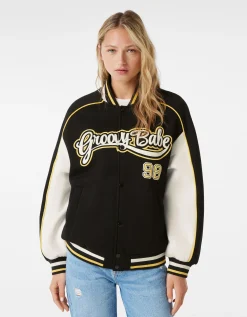 BERSHKA Blouson varsity Noir Discount