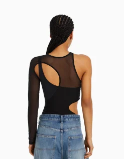 BERSHKA Body manches longues asymétrique tulle Gris Best