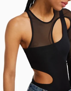 BERSHKA Body manches longues asymétrique tulle Gris Best