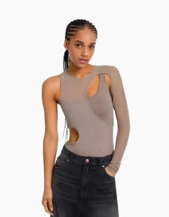 BERSHKA Body manches longues asymétrique tulle Gris Sale