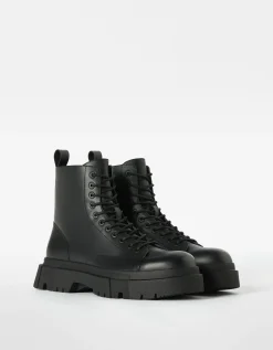 BERSHKA Bottes à lacets semelle crantée homme Noir Cheap