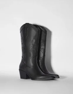 BERSHKA Bottes à talon style cowboy Noir Discount