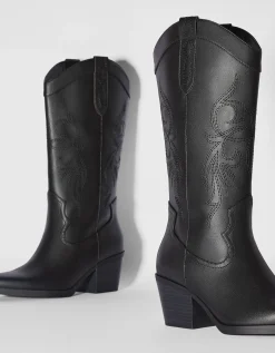 BERSHKA Bottes à talon style cowboy Noir Discount
