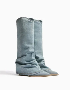 BERSHKA Bottes cowboy denim talon Bleu lavé Store