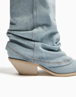 BERSHKA Bottes cowboy denim talon Bleu lavé New