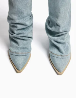 BERSHKA Bottes cowboy denim talon Bleu lavé New