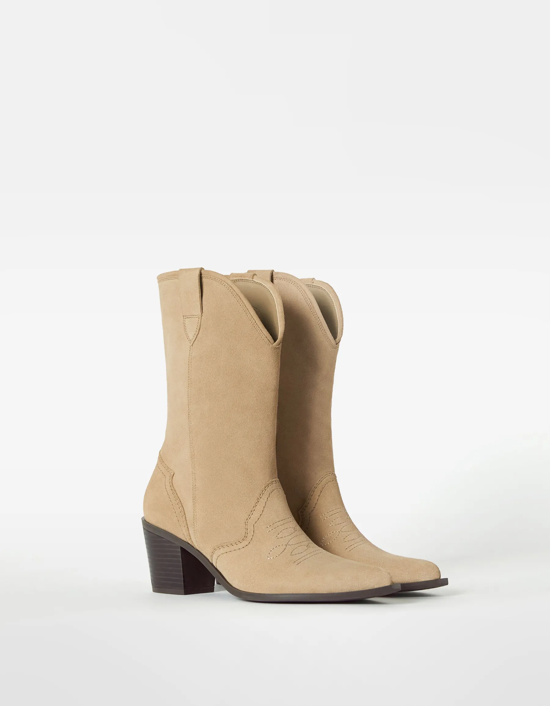BERSHKA Bottes cowboy talon CUIR Sable Shop