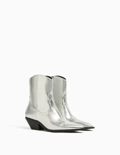 BERSHKA Bottines cowboy à talon Argent Discount