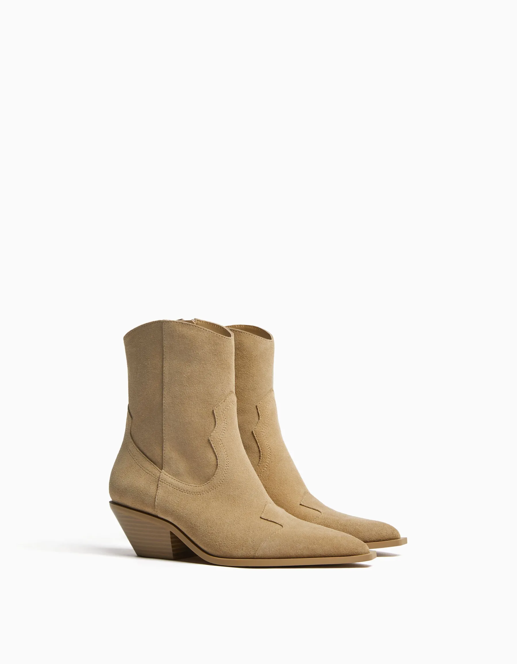 BERSHKA Bottines cowboy à talon CUIR Sable Sale