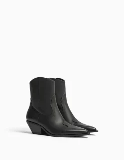 BERSHKA Bottines cowboy à talon CUIR Sable Hot