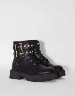 BERSHKA Bottines plates avec perles et rivets Noir Cheap