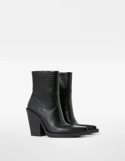BERSHKA Bottines talon cowboy Noir Discount