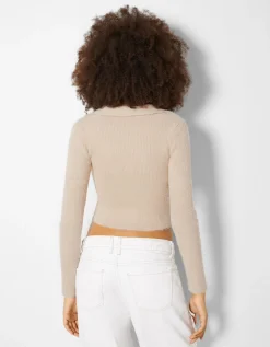 BERSHKA Cardigan col polo boutons Sable Cheap