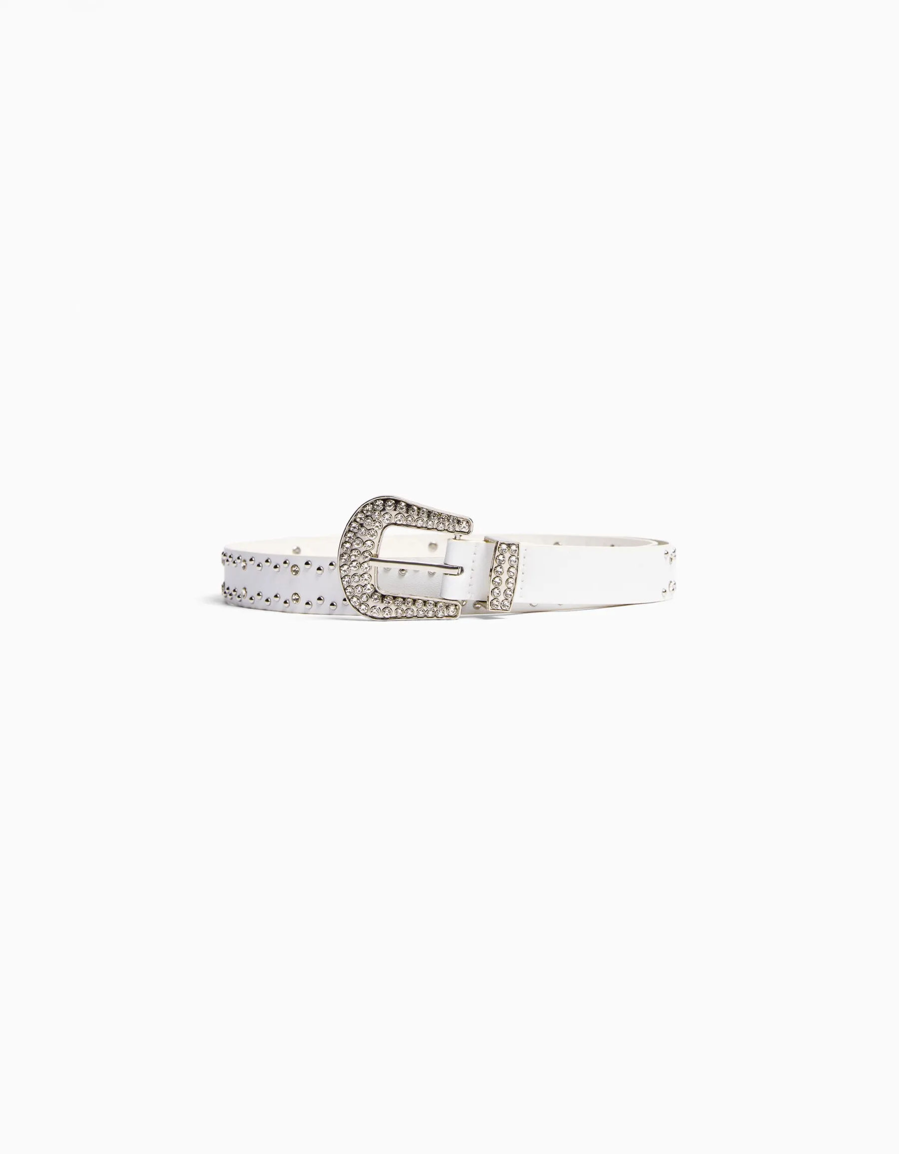 BERSHKA Ceinture rivets strass Blanc Outlet