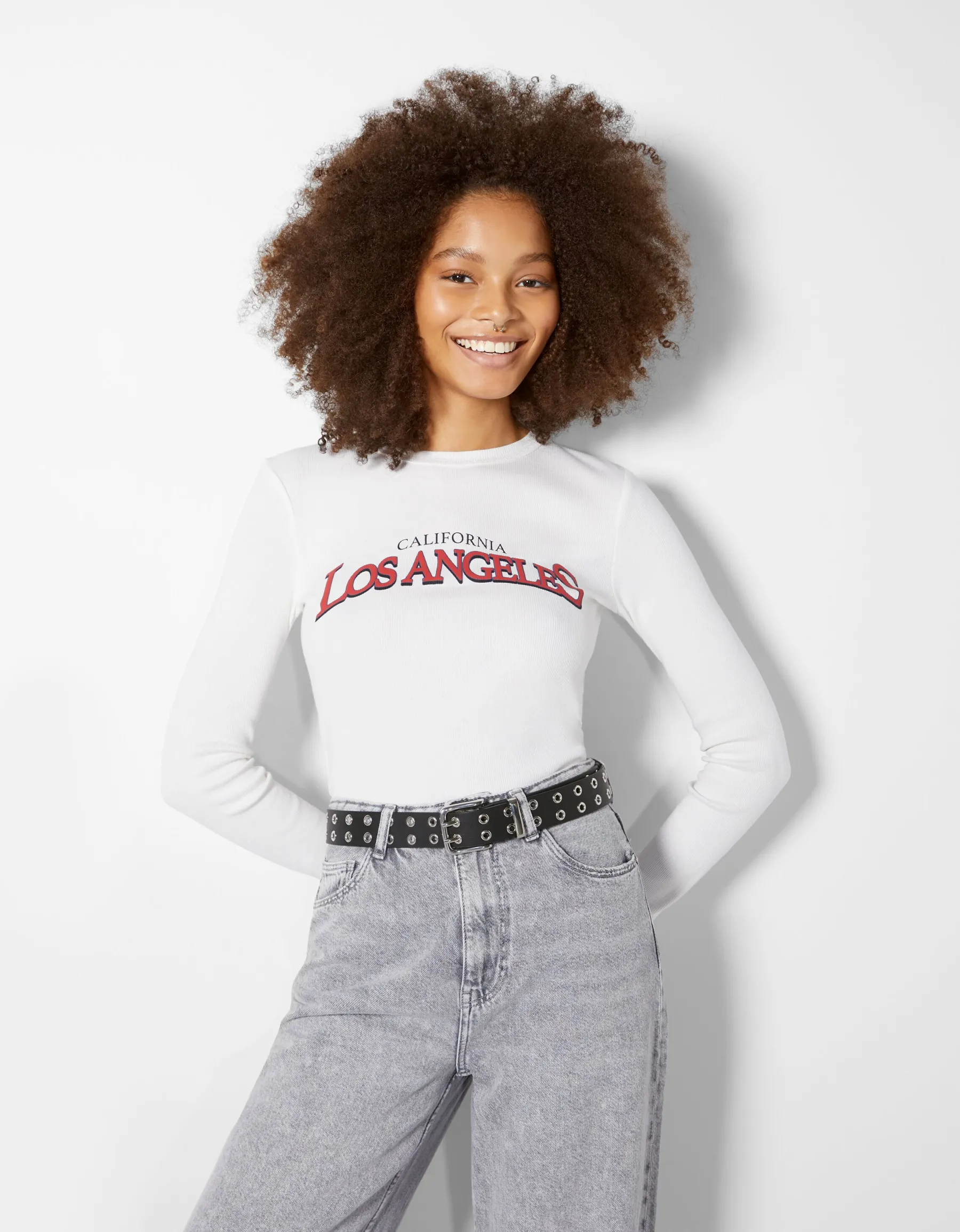BERSHKA Ceinture similicuir œillets Noir Cheap