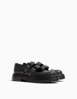 BERSHKA Chaussures plates type Mary Jane Noir Cheap