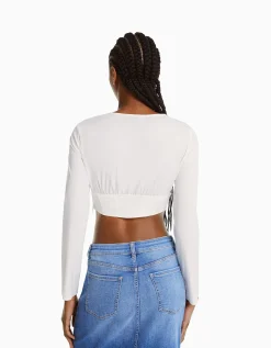 BERSHKA Chemise corset moulante manches longues popeline laçage Blanc Hot