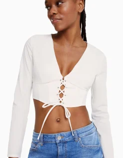 BERSHKA Chemise corset moulante manches longues popeline laçage Blanc Hot