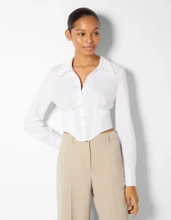 BERSHKA Chemise corset moulante manches longues popeline Kaki Fashion