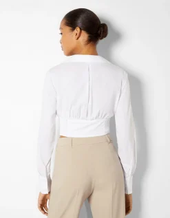 BERSHKA Chemise corset moulante manches longues popeline Kaki Fashion