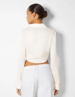 BERSHKA Chemise cropped manches longues moulante satinée Rouge Best Sale