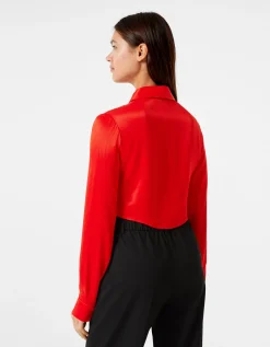 BERSHKA Chemise cropped manches longues moulante satinée Rouge Cheap