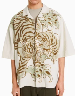 BERSHKA Chemise manches courtes broderie tigre Blanc Sale