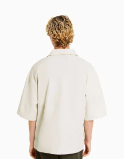 BERSHKA Chemise manches courtes broderie tigre Blanc Best