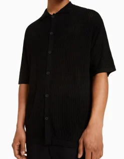 BERSHKA Chemise manches courtes basique ajourée Noir Best Sale