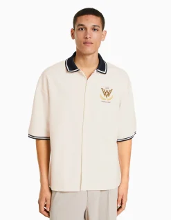BERSHKA Chemise manches courtes col bord-côte Blanc Cheap