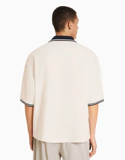 BERSHKA Chemise manches courtes col bord-côte Blanc Cheap
