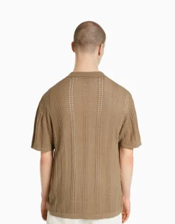 BERSHKA Chemise manches courtes maille pointelle Marron Discount