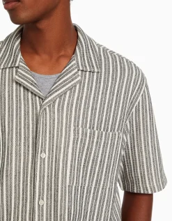 BERSHKA Chemise manches courtes rustique rayures Blanc / Noir New
