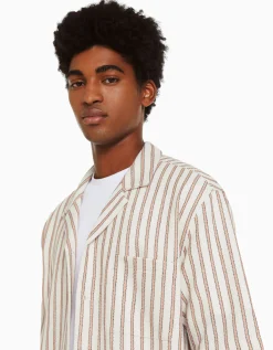 BERSHKA Chemise manches courtes rustique rayures Blanc / Noir Discount