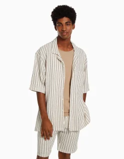 BERSHKA Chemise manches courtes rustique rayures Blanc / Noir Clearance