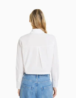 BERSHKA Chemise manches longues cropped popeline Blanc Outlet
