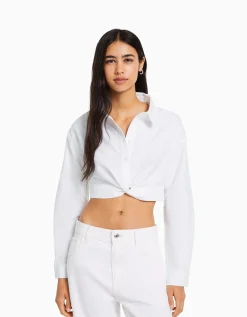 BERSHKA Chemise manches longues croisée devant Blanc Cheap
