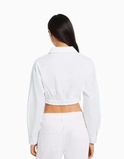 BERSHKA Chemise manches longues croisée devant Blanc Cheap