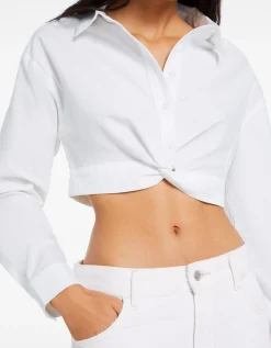 BERSHKA Chemise manches longues croisée devant Blanc Cheap